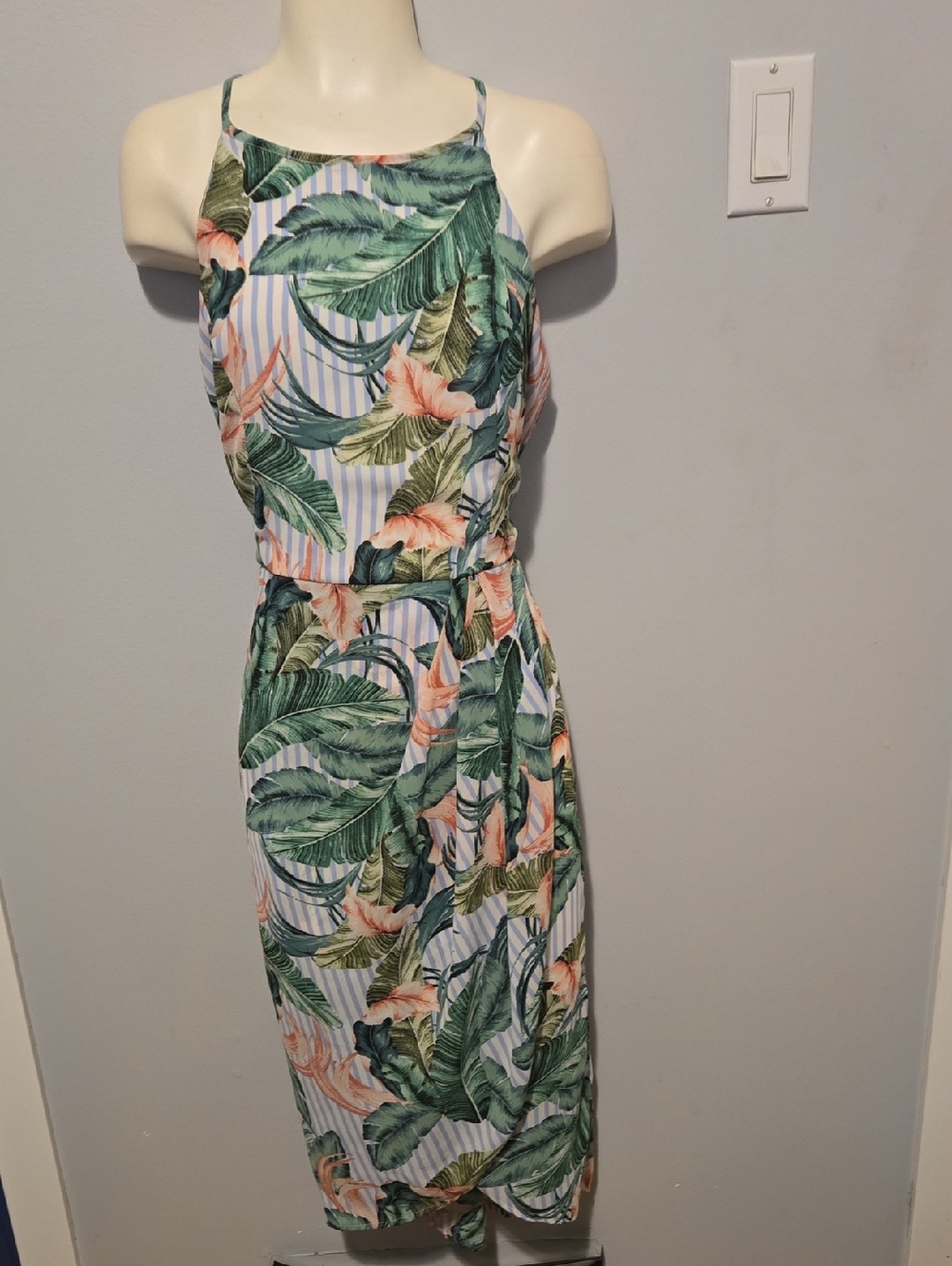 Japna Green & Peach Tropical Halter Midi Dress